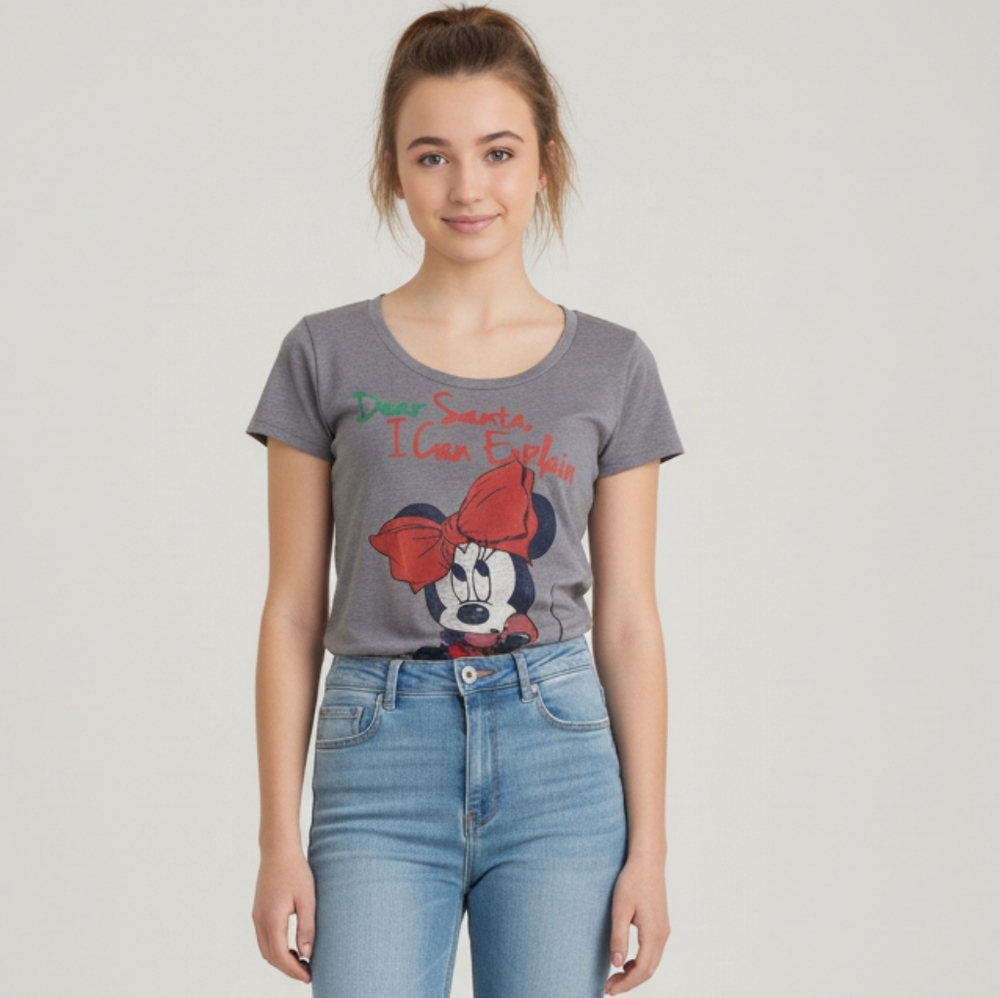 Disney Junior's Gray Minnie Mouse Holiday Short Sleeve Crewneck T-Shirt Medium